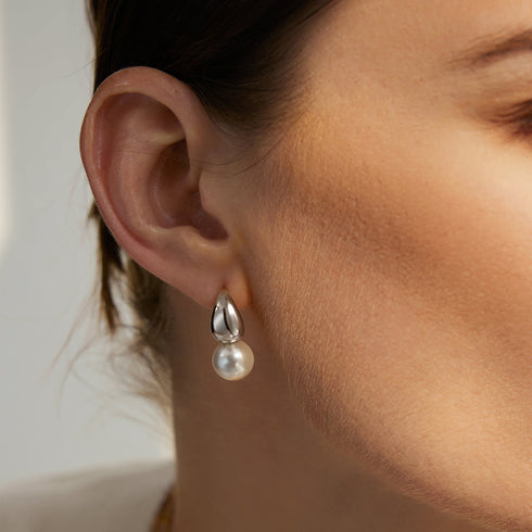 Silver Pearl Dome Hoop Earrings